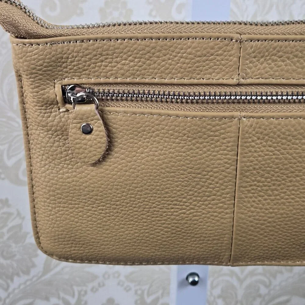 Befen Khaki Tan Pebbled Cowhide Leather Crossbody Bag Adj Removable Strap